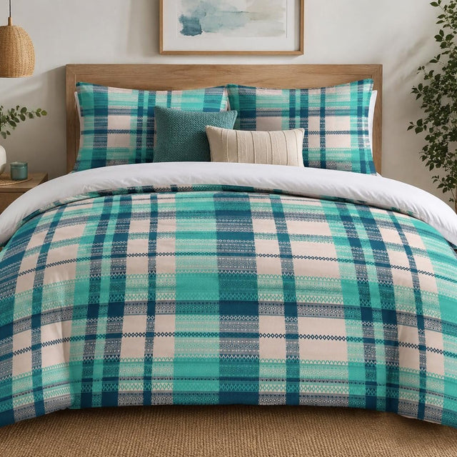 Aqua Plaid duvet cover set, front view showing turquoise and teal stripes with diamond motifs on blush cream