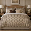 Beige Mocha Framed Heritage duvet cover set, front view showing mocha paisleys on beige with a paisley border
