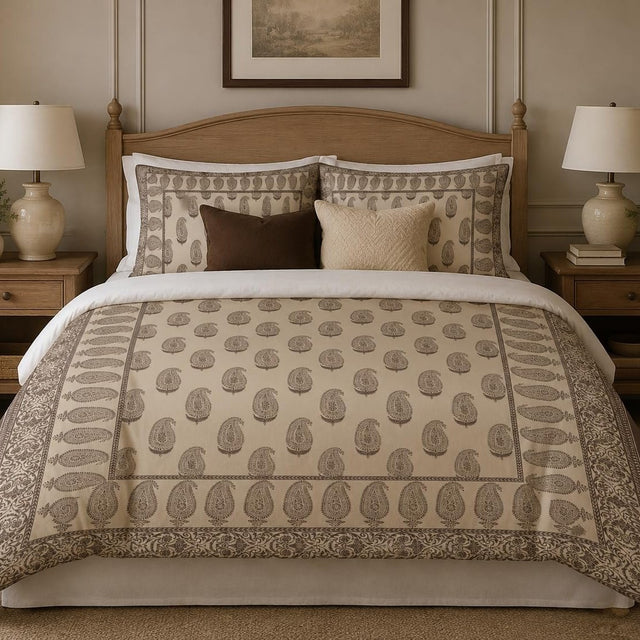 Beige Mocha Framed Heritage duvet cover set, front view showing mocha paisleys on beige with a paisley border