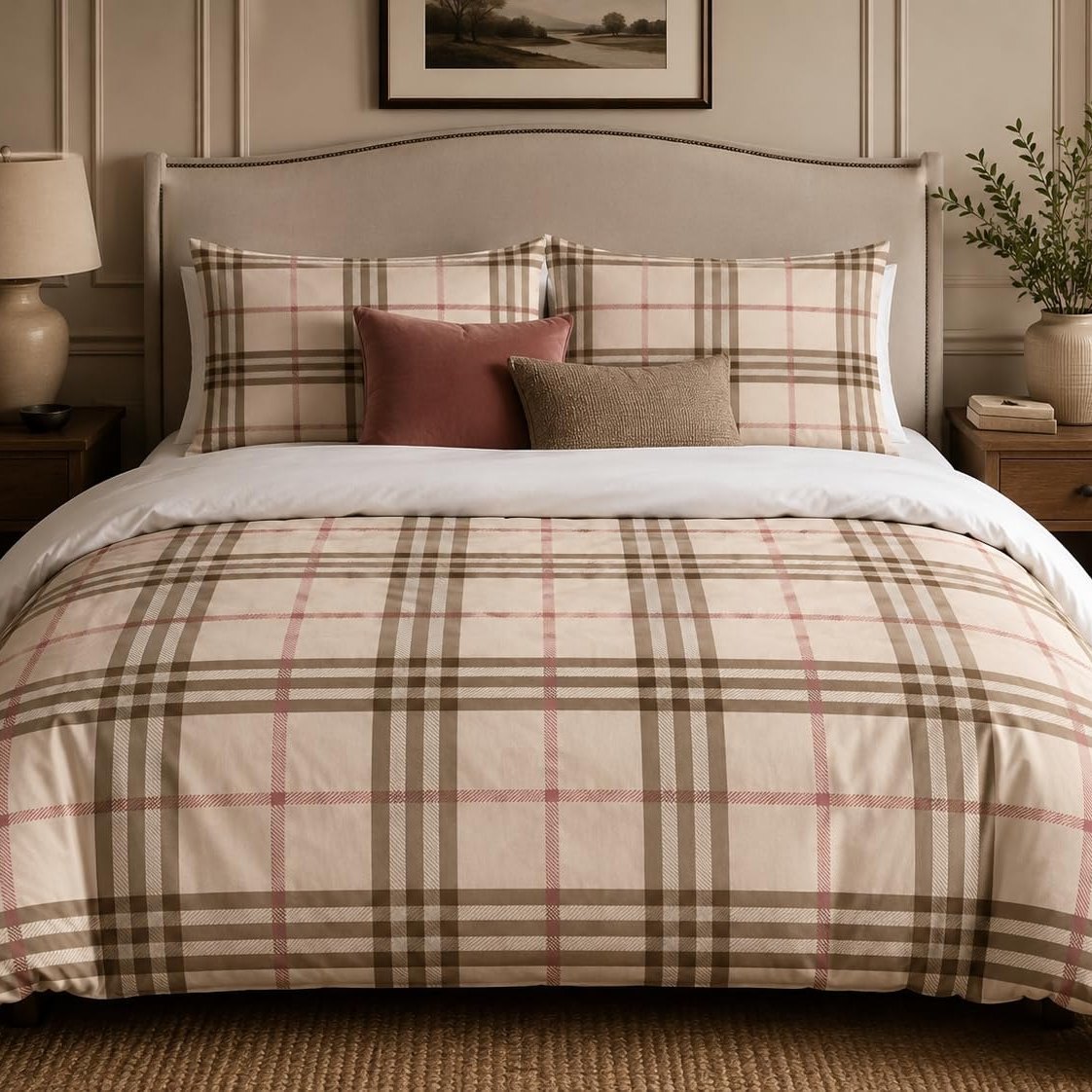 Beige Plaid duvet cover set, front view showing cream check with taupe stripes and rose lines on a studded headboard bed