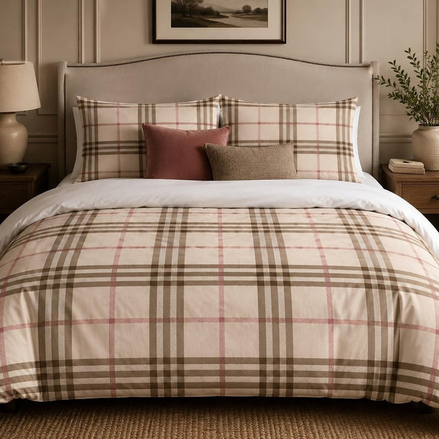 Beige Plaid duvet cover set, front view showing cream check with taupe stripes and rose lines on a studded headboard bed