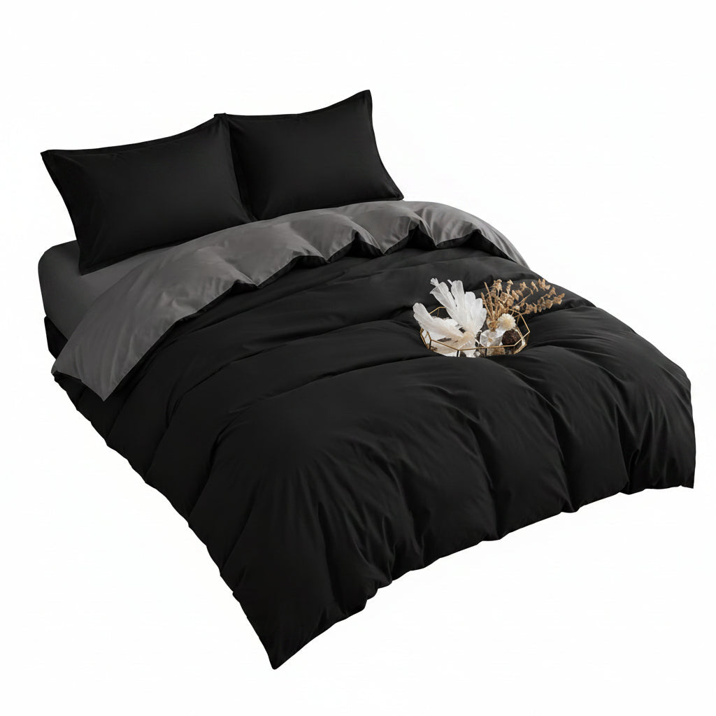 Reversible Duvet Cover Set with Fitted Sheet – Black Grey Main image