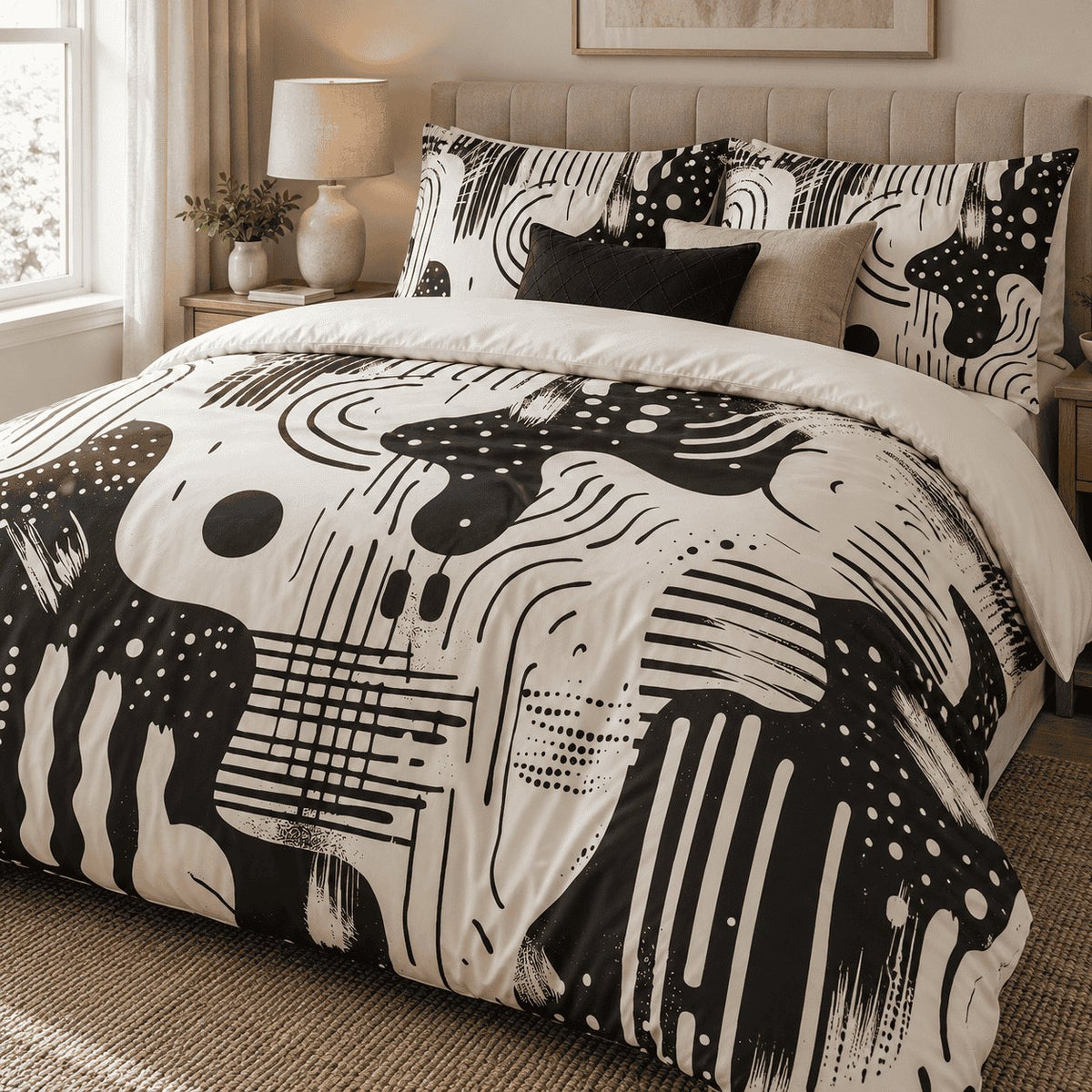 Black Ivory Retro Abstract duvet cover set, angled view showing the graphic black and ivory print beside a window