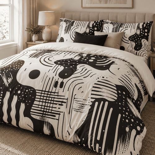 Black Ivory Retro Abstract duvet cover set, angled view showing the graphic black and ivory print beside a window