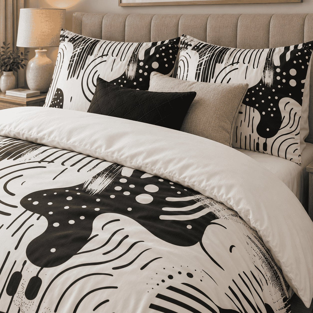 Black Ivory Retro Abstract duvet cover set, close-up of printed pillowcases with black quilted and oatmeal cushions