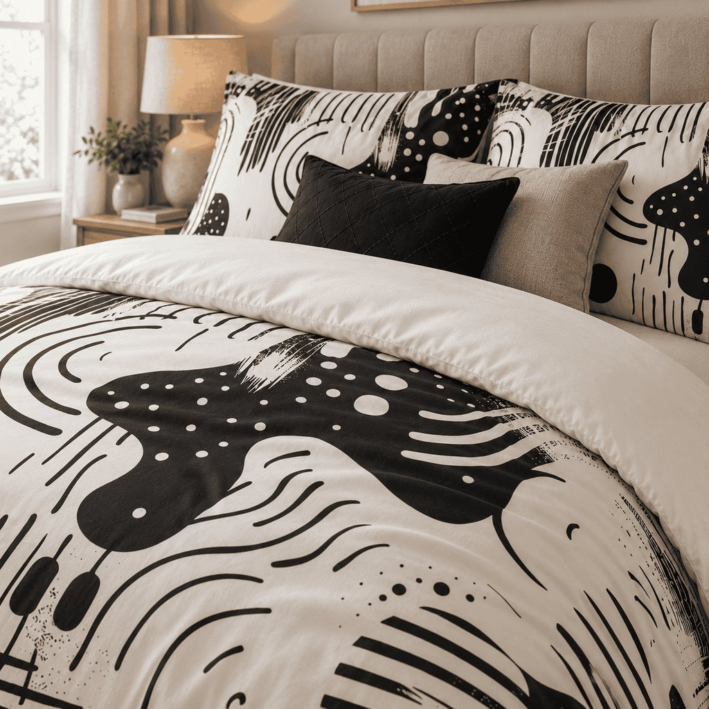 Black Ivory Retro Abstract duvet cover set, close-up showing a black spotted blob, arcs and halftone dots