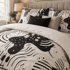 Black Ivory Retro Abstract duvet cover set, close-up showing a black spotted blob, arcs and halftone dots