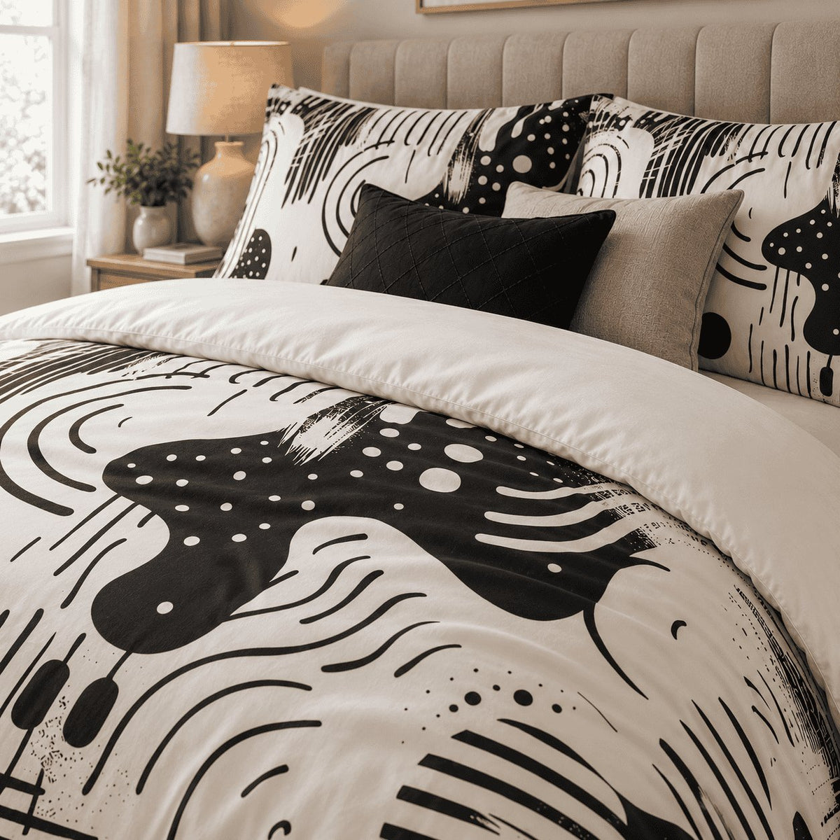 Black Ivory Retro Abstract duvet cover set, close-up showing a black spotted blob, arcs and halftone dots