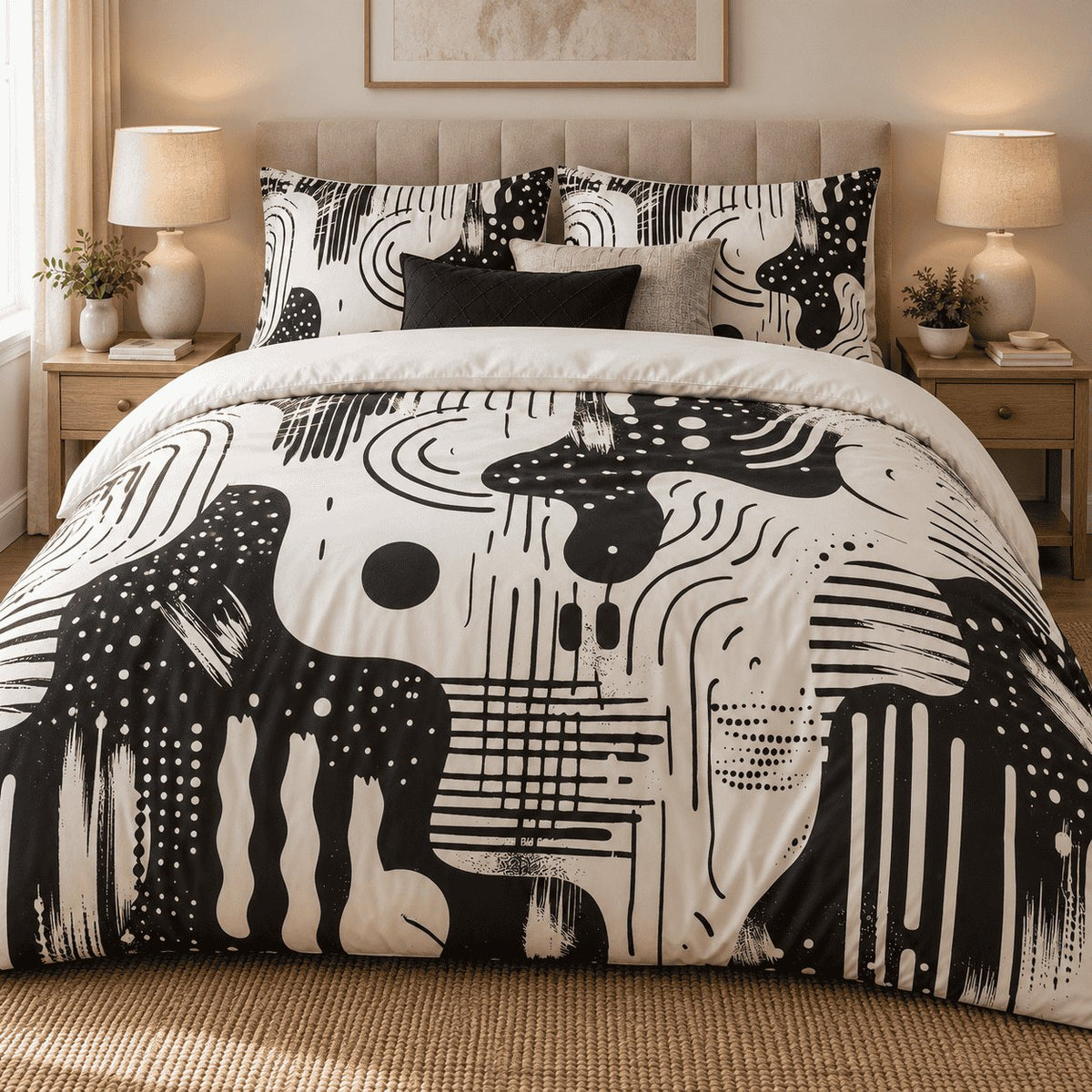 Black Ivory Retro Abstract duvet cover set, front view showing black blobs, dots and stripes on a tufted bed