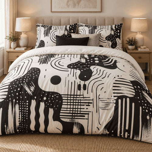 Black Ivory Retro Abstract duvet cover set, front view showing black blobs, dots and stripes on a tufted bed