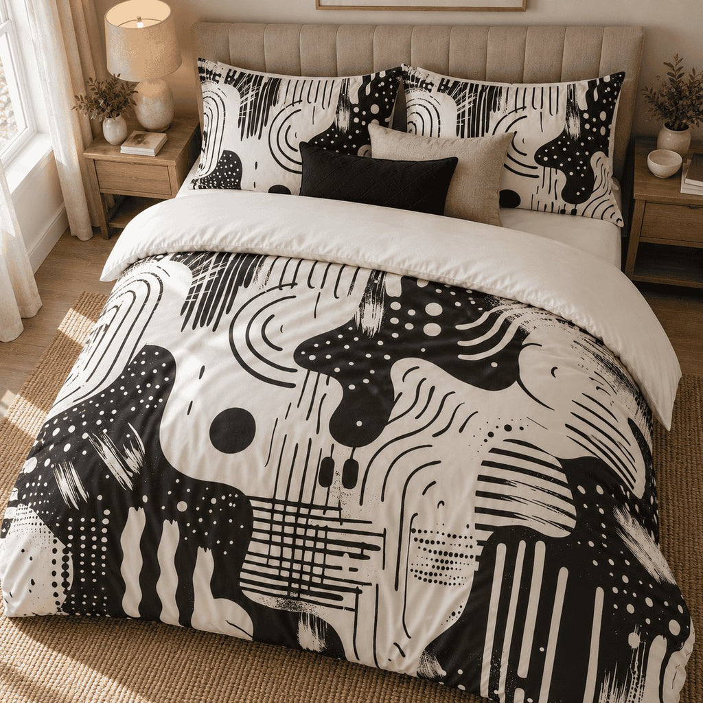 Black Ivory Retro Abstract duvet cover set, overhead view showing the full retro print with black and oatmeal cushions