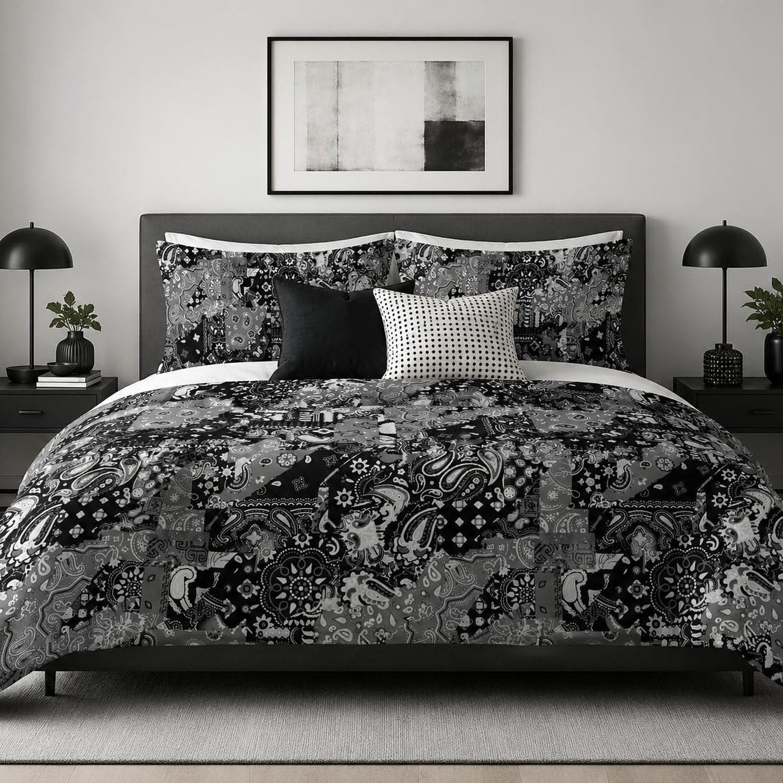 Black & White Bandana Patchwork duvet cover set, front view showing black, grey and white paisley patches