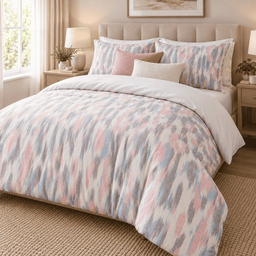 Blush Blue Ikat duvet cover set, angled view showing the pastel ikat print beside a window