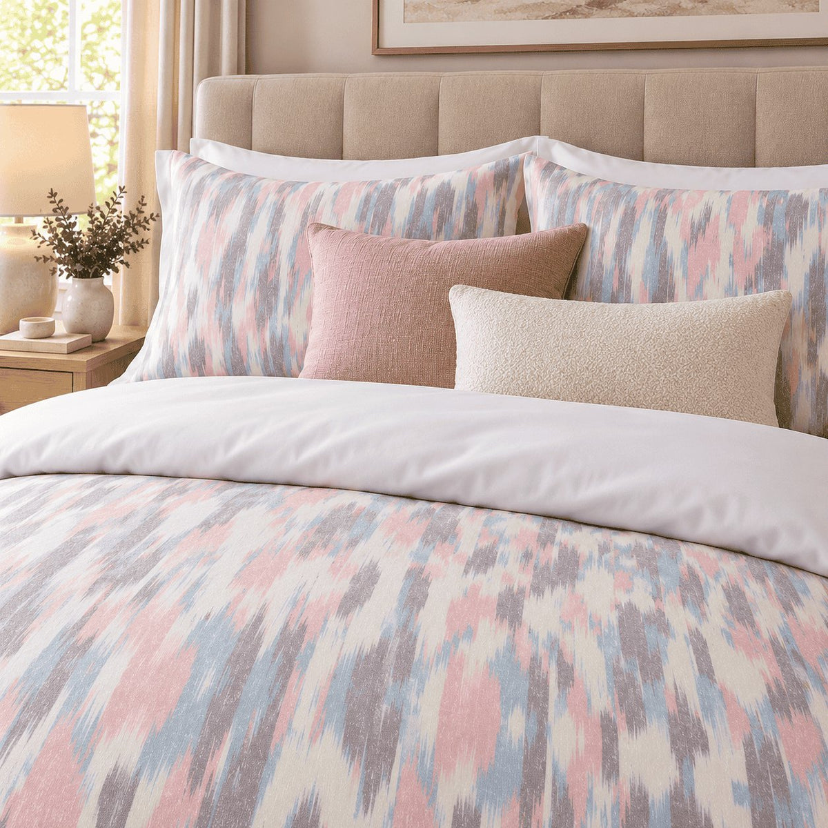Blush Blue Ikat duvet cover set, close-up of ikat pillowcases with dusty rose and cream boucle cushions