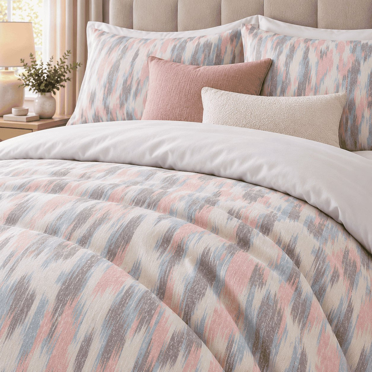 Blush Blue Ikat duvet cover set, close-up showing feathered blush, powder blue and mauve-grey streaks