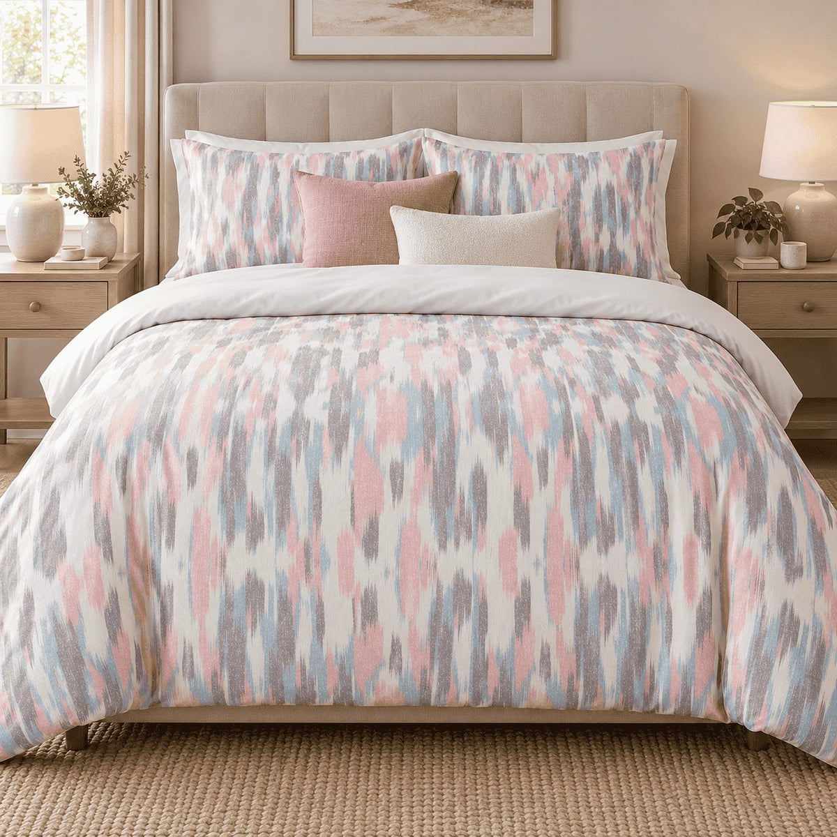 Blush Blue Ikat duvet cover set, front view showing pink, blue and grey ikat streaks on a tufted bed