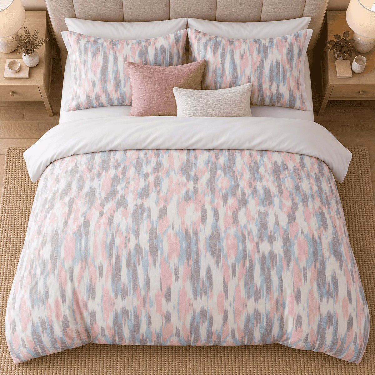 Blush Blue Ikat duvet cover set, overhead view showing the full ikat print with rose and cream cushions
