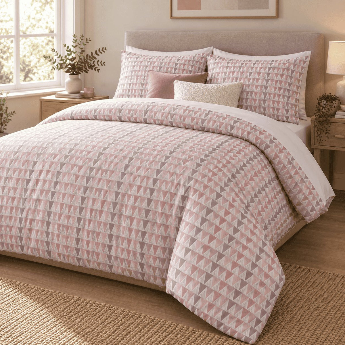 Blush Grey Triangle duvet cover set, angled view showing the triangle print draped over the bed end by a window