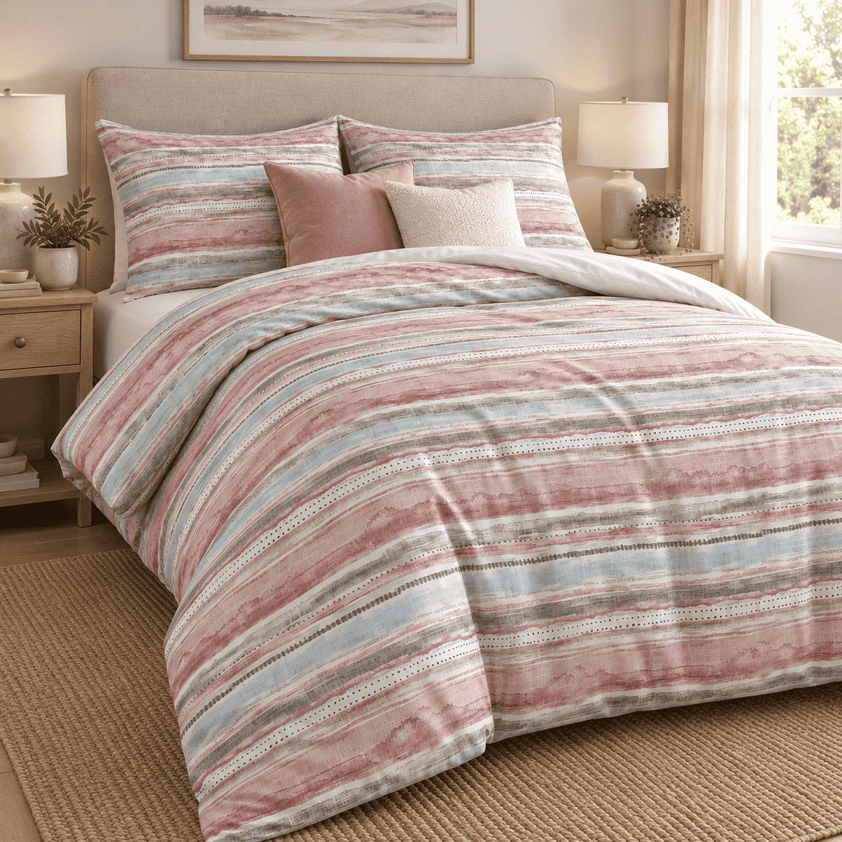 Blush Duck Egg Washed Stripe duvet cover set, angled view showing washed pink and blue stripes and fine dot rows