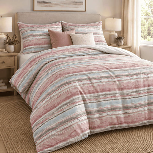 Blush Duck Egg Washed Stripe duvet cover set, angled view showing washed pink and blue stripes and fine dot rows
