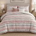 Blush Duck Egg Washed Stripe duvet cover set, front view showing blush, duck egg and taupe watercolour stripes