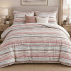 Blush Duck Egg Washed Stripe duvet cover set, front view showing blush, duck egg and taupe watercolour stripes