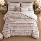 Blush Duck Egg Washed Stripe duvet cover set, overhead view showing blush and duck egg bands, basket and throw