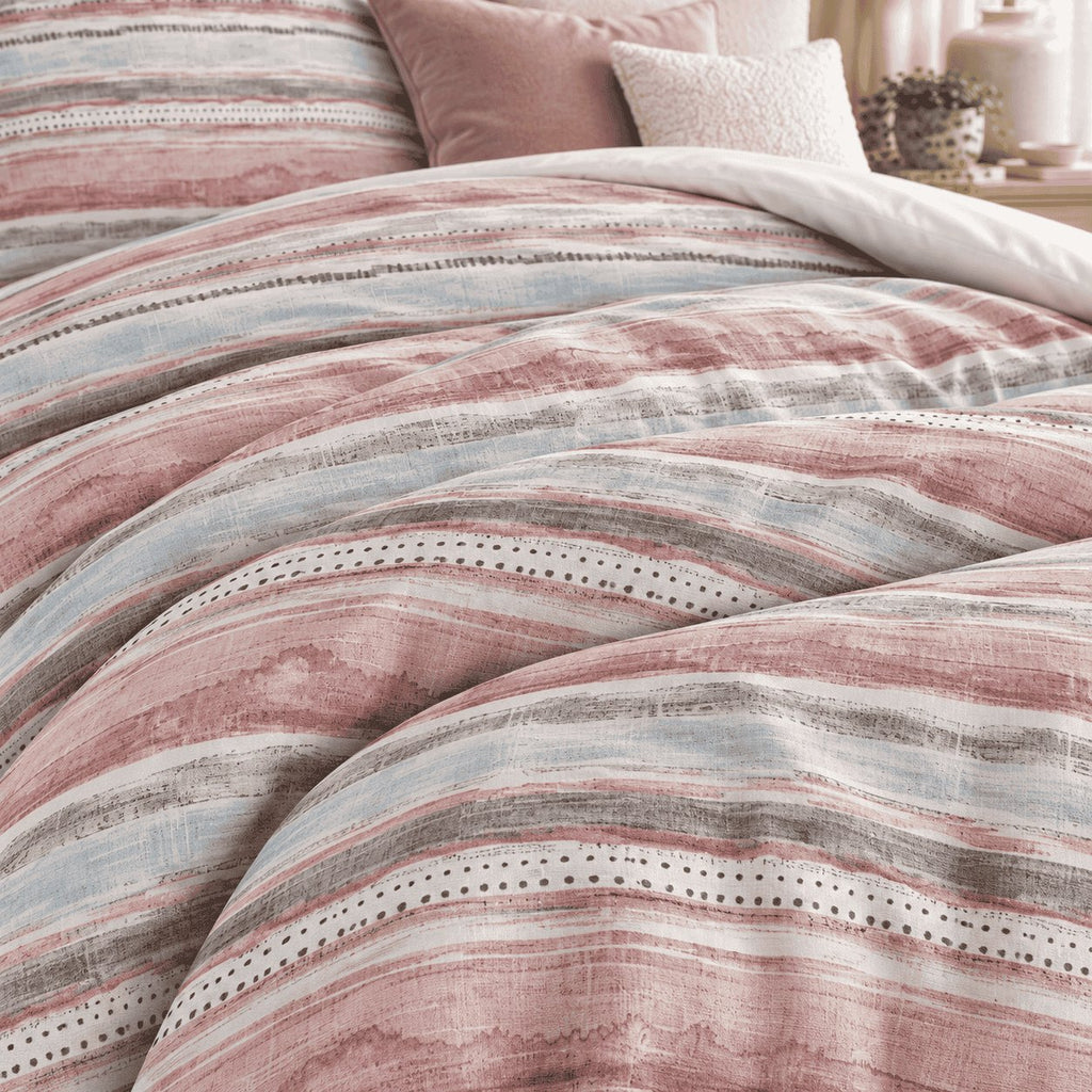 Blush Duck Egg Washed Stripe duvet cover set, print detail showing blush and duck egg bands with tiny brown dots