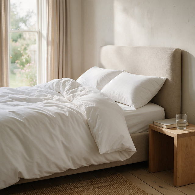 Bounce Back Pillows 48x74 cm on a made bed with an oat linen headboard in morning light