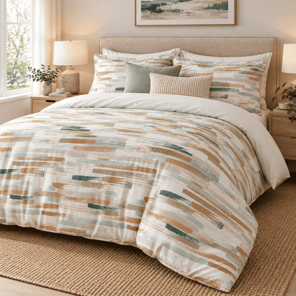 Caramel Sage Brushstroke duvet cover set, angled view showing the dry-brush print beside a window