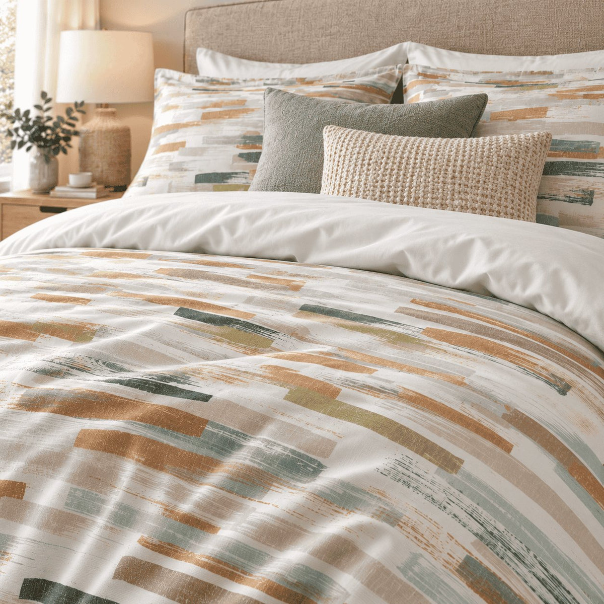 Caramel Sage Brushstroke duvet cover set, close-up showing dry-brush dashes in caramel, sage and bottle green