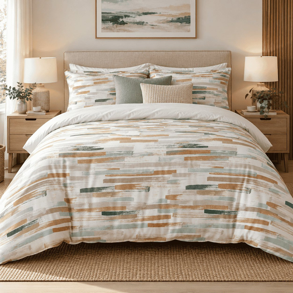 Caramel Sage Brushstroke duvet cover set, front view showing caramel, sage and green brush dashes on white