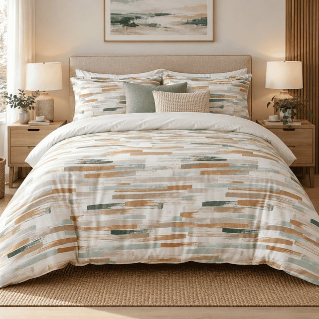 Caramel Sage Brushstroke duvet cover set, front view showing caramel, sage and green brush dashes on white