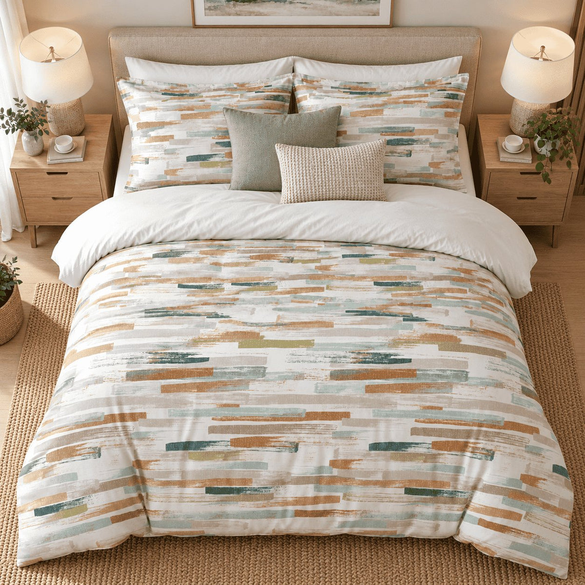 Caramel Sage Brushstroke duvet cover set, overhead view showing the full brushstroke print with sage and oatmeal cushions