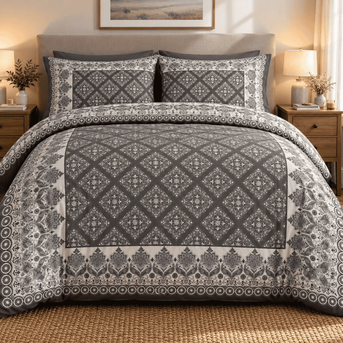 Charcoal Dove Framed Heritage duvet cover set, front view showing the charcoal diamond lattice and ivory lotus border