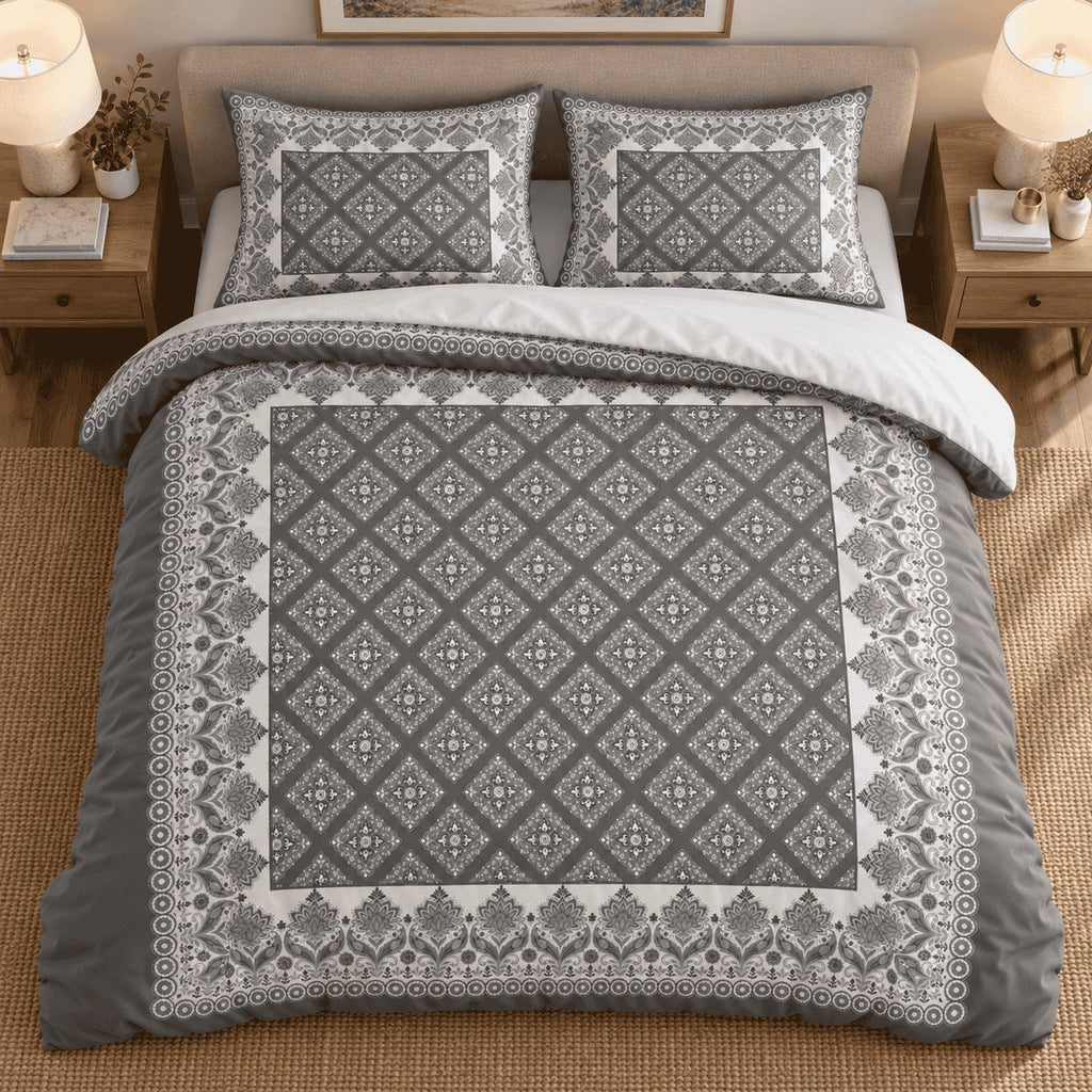 Charcoal Dove Framed Heritage duvet cover set, overhead view showing the full medallion lattice framed in ivory