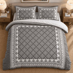 Charcoal Dove Framed Heritage duvet cover set, overhead view showing the full medallion lattice framed in ivory