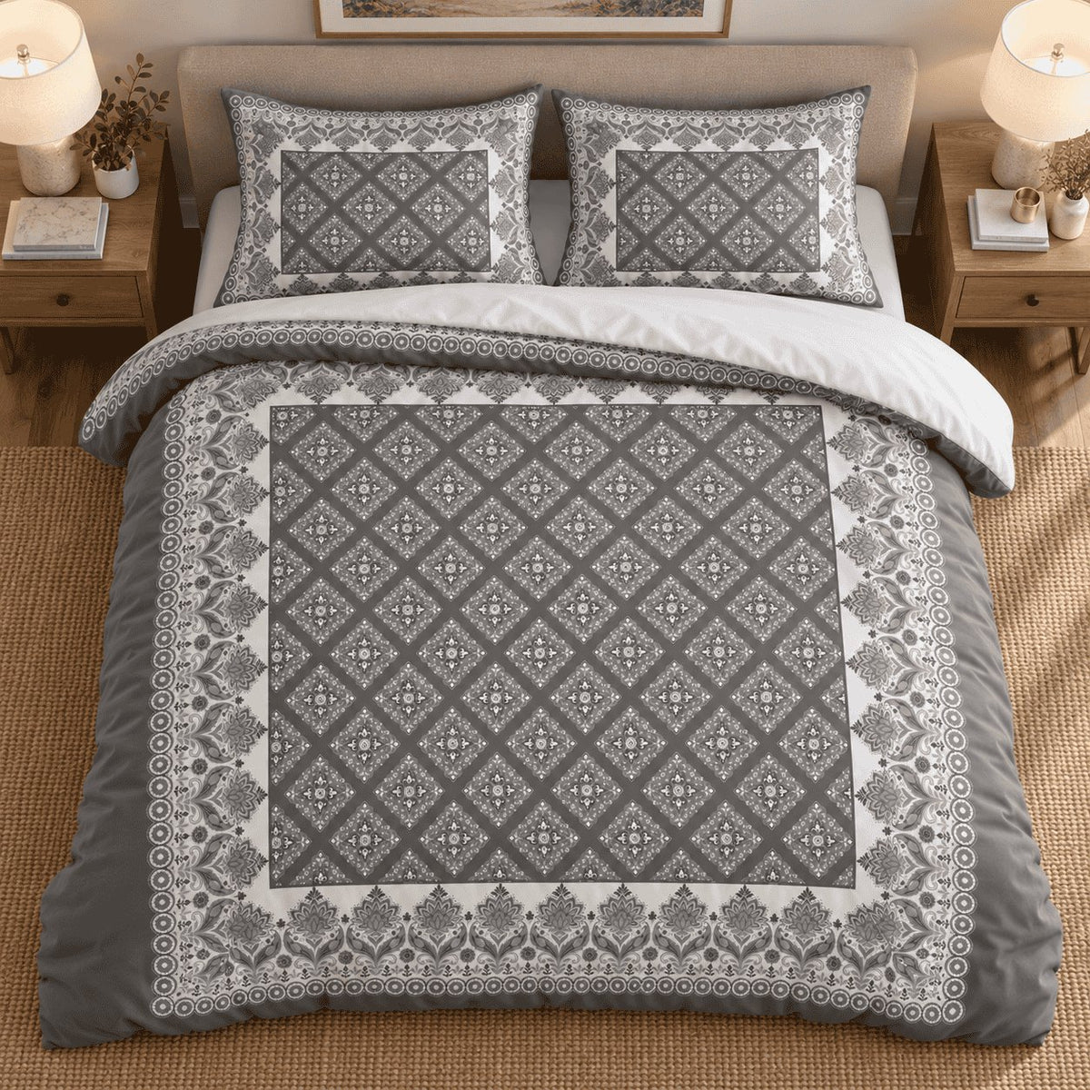 Charcoal Dove Framed Heritage duvet cover set, overhead view showing the full medallion lattice framed in ivory