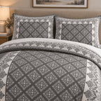 Charcoal Dove Framed Heritage duvet cover set, pillowcase detail showing framed medallion lattice pillowcases