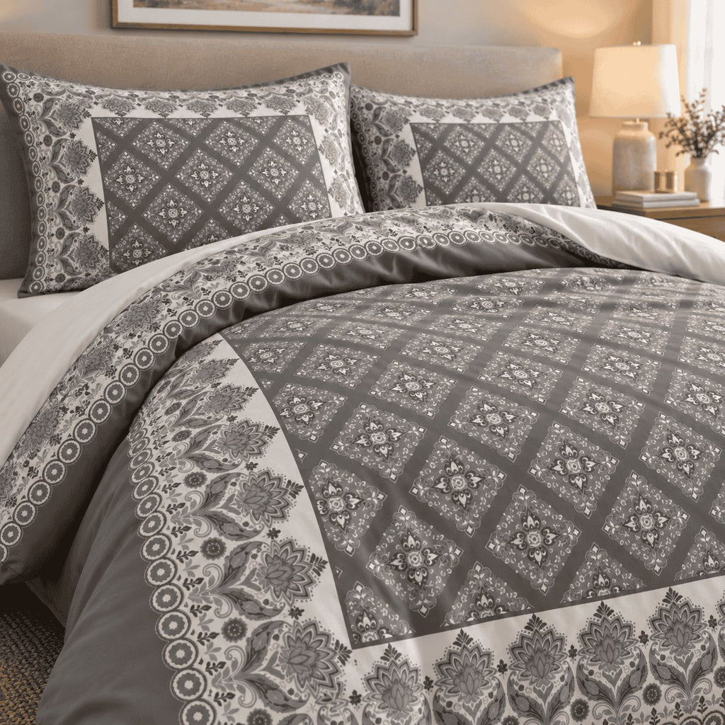Charcoal Dove Framed Heritage duvet cover set, print detail showing grey medallion diamonds and lotus flowers