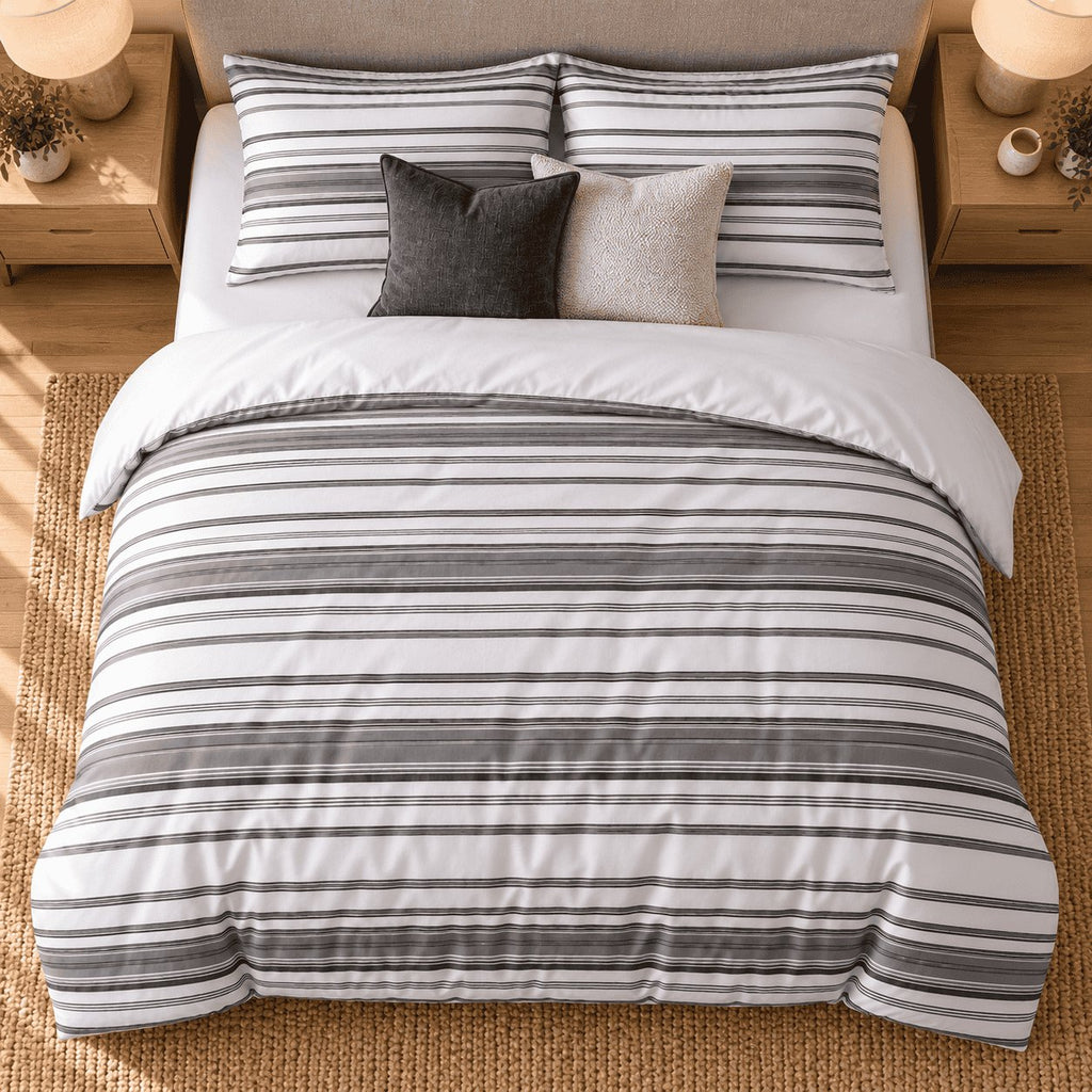 Charcoal Grey Stripe duvet cover set, overhead view showing grey and charcoal stripe bands