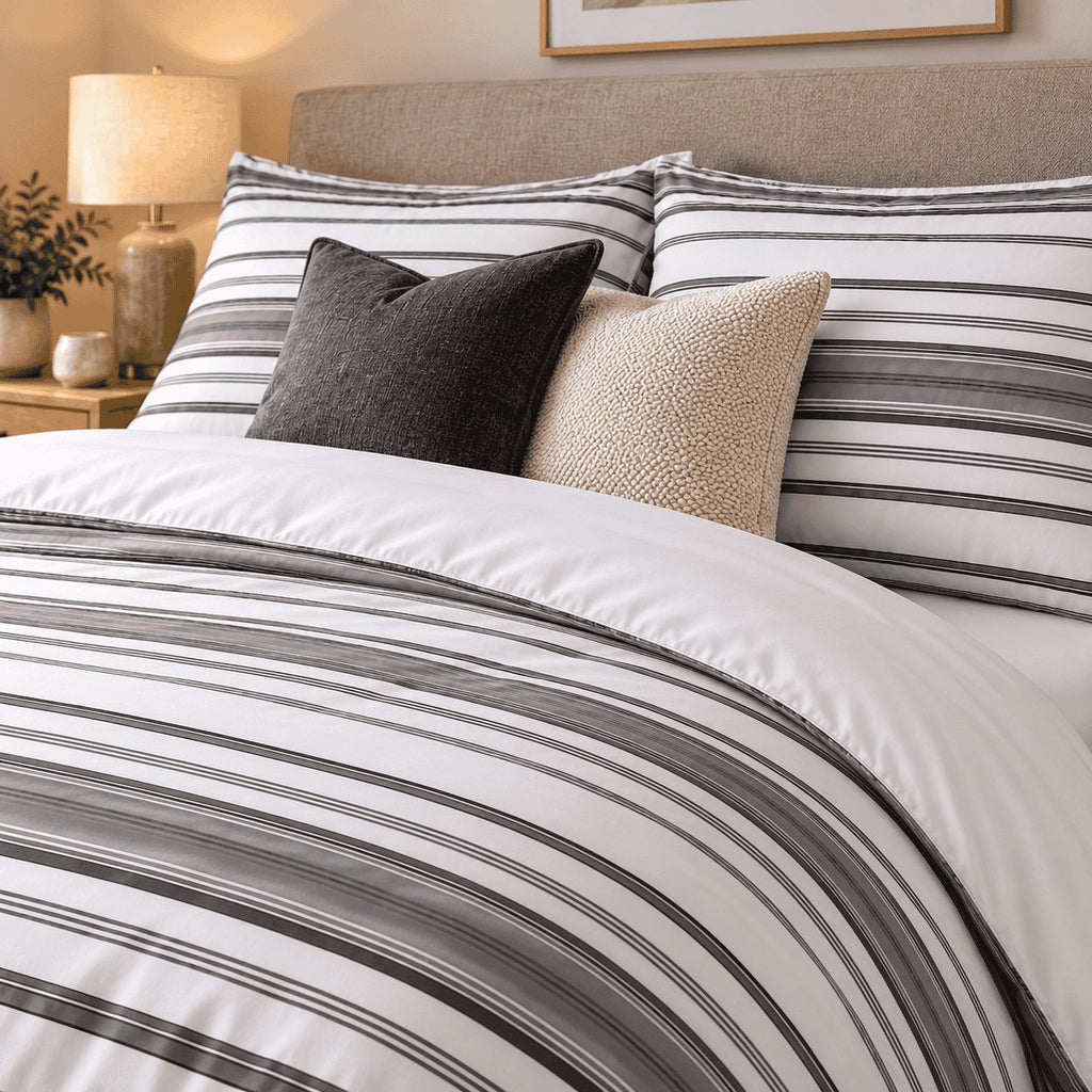 Charcoal Grey Stripe duvet cover set, pillowcase detail showing striped pillowcases behind charcoal and cream bouclé cushions