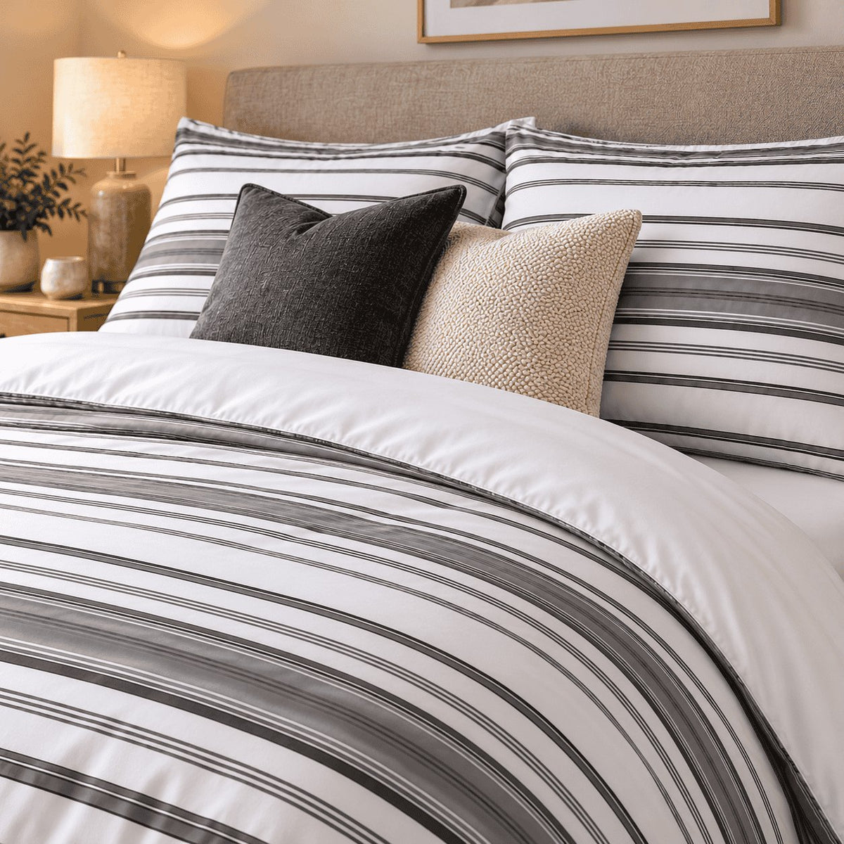 Charcoal Grey Stripe duvet cover set, pillowcase detail showing striped pillowcases behind charcoal and cream bouclé cushions