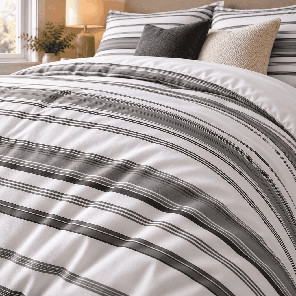 Charcoal Grey Stripe duvet cover set, print detail showing wide mid-grey bands and fine charcoal pinstripes on white