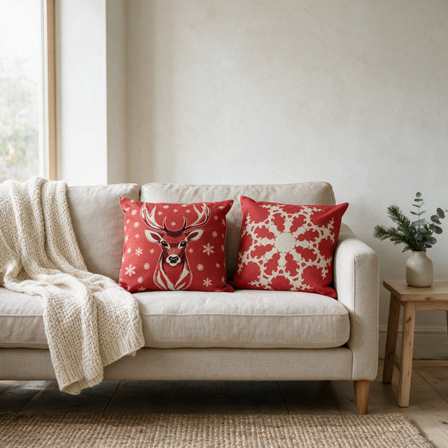 Reindeer and Snowflake Christmas Cushion Covers on an oat linen sofa