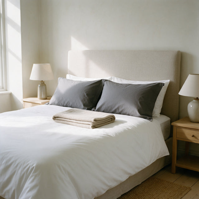 Charcoal Cotton Rich Pillowcases on a made bed with white bedding