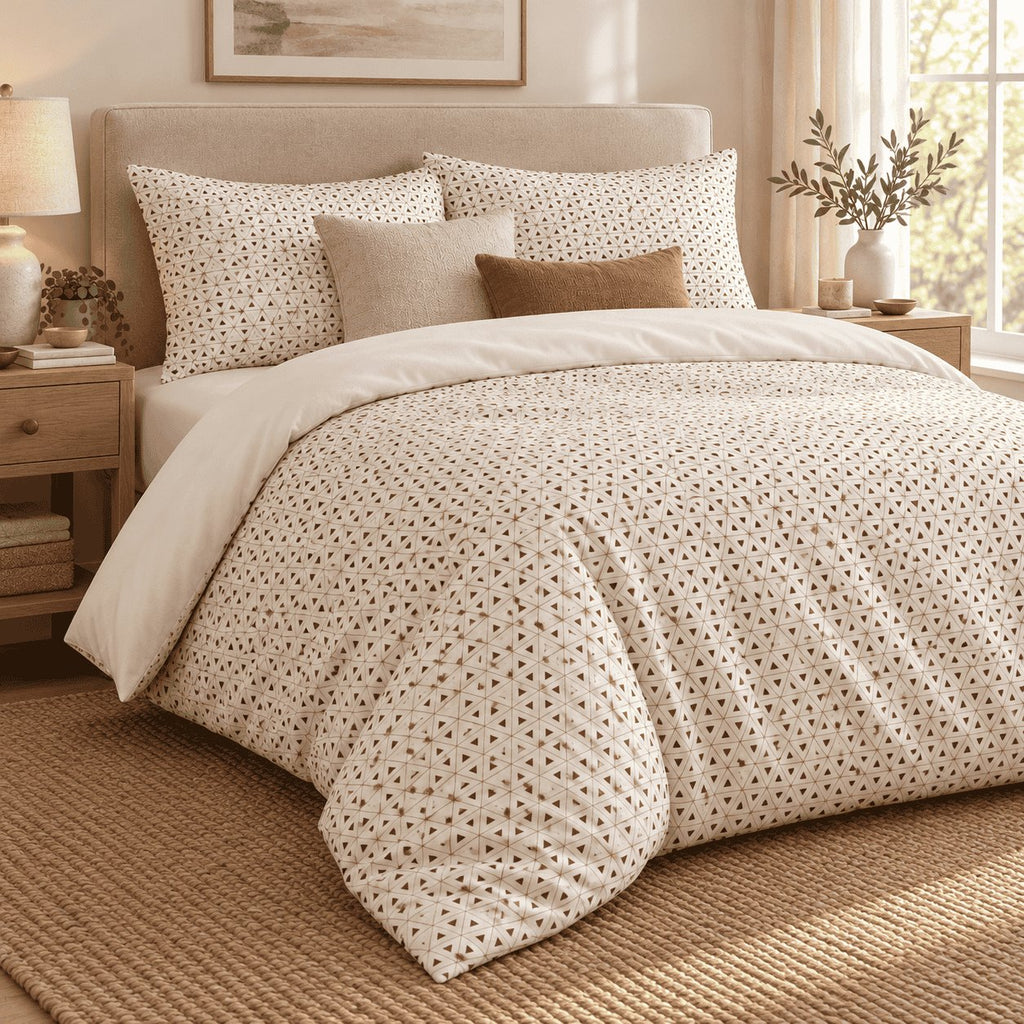 Cream Brown Triangle Lattice duvet cover set, angled view showing the speckle print draped beside an oak bedside table