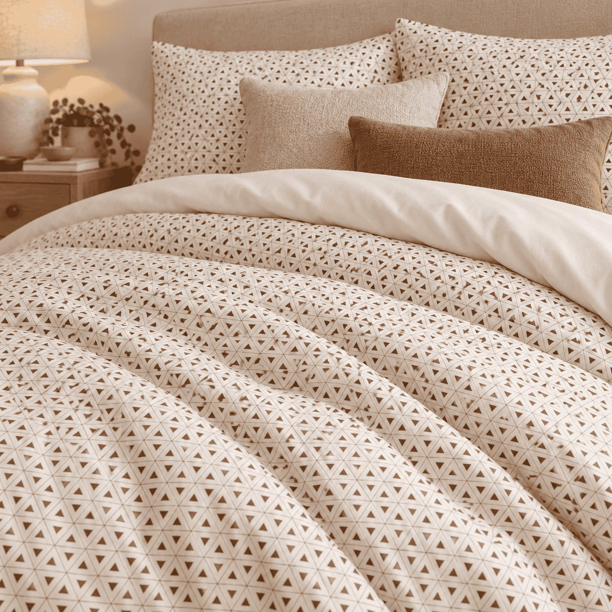 Cream Brown Triangle Lattice duvet cover set, close-up of print showing the brown triangle lattice on cream in raking light