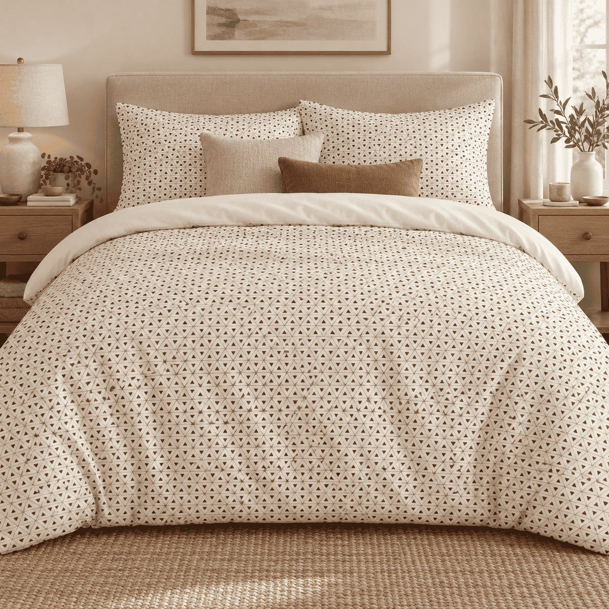 Cream Brown Triangle Lattice duvet cover set, front view showing brown triangle speckle on cream with tan cushions