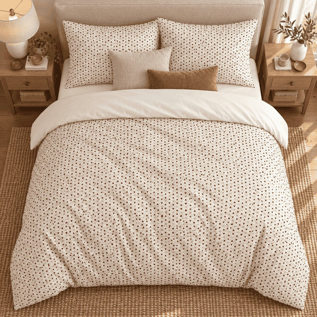 Cream Brown Triangle Lattice duvet cover set, overhead view showing the full bed on a jute rug with matching pillowcases